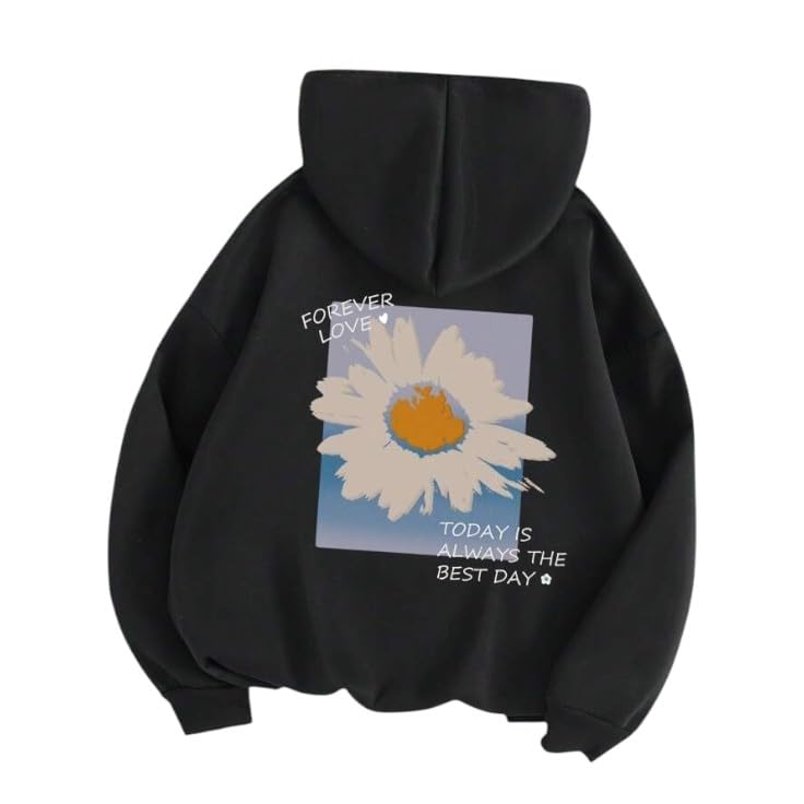 Women's Oversized Black Hoodie with Back Daisy Flower Print | 'Forever Love, Today is Always The Best Day' Graphic Sweatshirt | Stylish Casual Wear for Girls-image-40