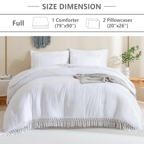 Image of Andency White Full Size Comforter Set, 3 Pieces Boho Tassel Lightweight Soft Bedding Comforter Sets, All Season Fluffy Fringe Bed Set (79x90In Comforter & 2 Pillowcases)