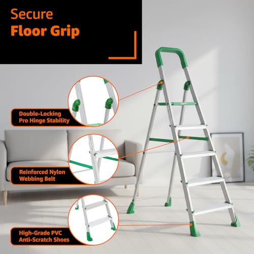 Image of Amazon Basics Clamber Pro - Foldable Step Ladder, Firm Grip, 5 Steps (Aluminium Steps, Green & Satin)