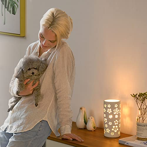 Lampwell Dana Small Table Lamp For Living Room As Bedside Table Lamp For Bedroom,Modern Ceramic Table Lamp,Kids Table Lamp,Night Table Lamp,Φ3.54×H7.87In,Bulb Excluded,White Table Lamp,Carving Flower #TOP2