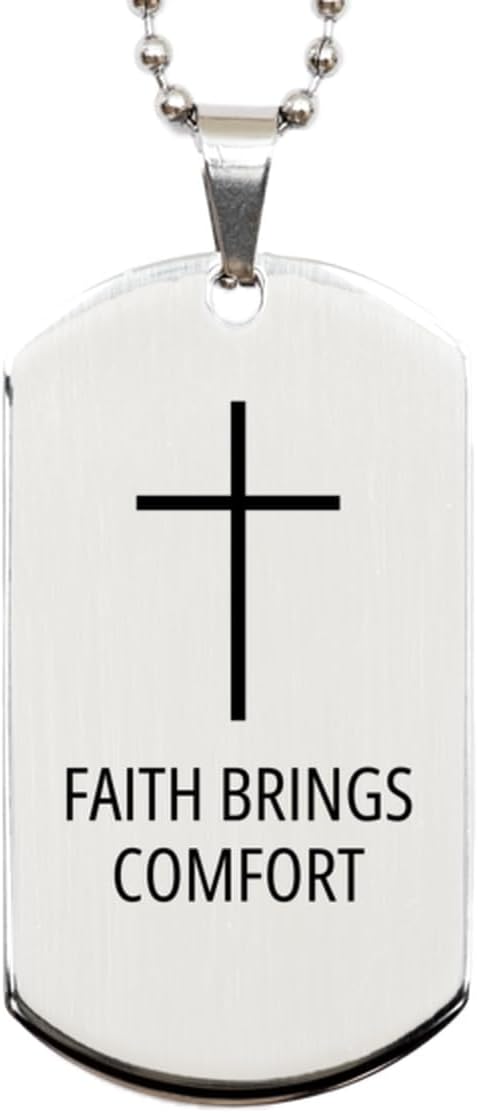 Motivational Faith Brings Comfort Silver Dog Tag - Best Faith Hope Love Quote for Men Women, Engraved Chain Necklace Cross Necklace Birthday