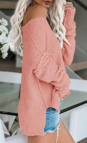 Image of Women's Off Shoulder Knit Sweaters Oversized V Neck Long Sleeve Loose Lightweight Pullover Tops