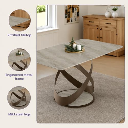 Image of Wakefit Mochi Dining Table - Antalia Beige - 6 Seater I Marble Finish I Vitrified Tile Top I Antalia Beige