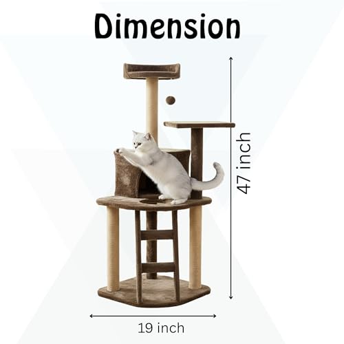 Image of Multi-Level Cat Tree Tower, 47 Inch Tall Green Plush Condo with Natural Jute Posts, Platforms, Perches, 19 Inch Base (FURR-49) (Brown)