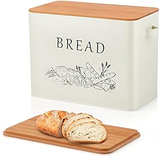 Bread Bin, Joyfair Metal Bread Box with Bamboo Cutting Board Lid, Extra Large Off-white Bread Holder for Kitchen Countertop, Bread Storage Container Bin fit 2 Loaves, Space Saving & Farmhouse Style