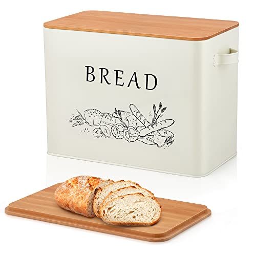 Joyfair Bread Bin, Metal Bread Box with Bamboo Cutting Board Lid, Extra Large Loaf Holder for Kitchen Countertop, Vintage Storage Container fit 2 Loaves, Space Saving & Farmhouse Style, Cream