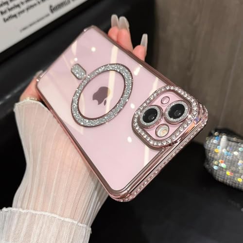 Image of DIZORO Compatible with (iPhone 13 / iPhone 14 Case) Clear Luxury Diamond Glitter Case |Camera Lens Protector with Glitter Ring | Premium Shockproof Glossy Shiny Back Cover Case for Girls Women -Pink