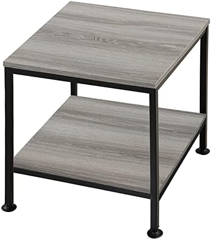 KirKical 20 Inch 2 Tiers Square End Table with Metal Frame,Rustic Grey Fridge Stand Side Table Sturdy Easy Assembly Simple Style for Living Room Bedroom(Set of 1)