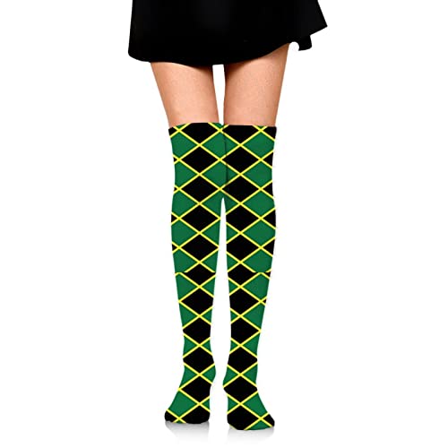 Image of Women's Jamaican Flag Stripe Caribbean Island Design Knee High Socks Combed Cotton Non-Slip Stretch Soft Non See Through