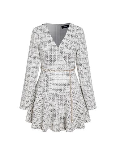 CIDER Long Sleeve Mini Dress Tweed V Neck Faux Pearl Solid Party Cocktail Elegant Dress