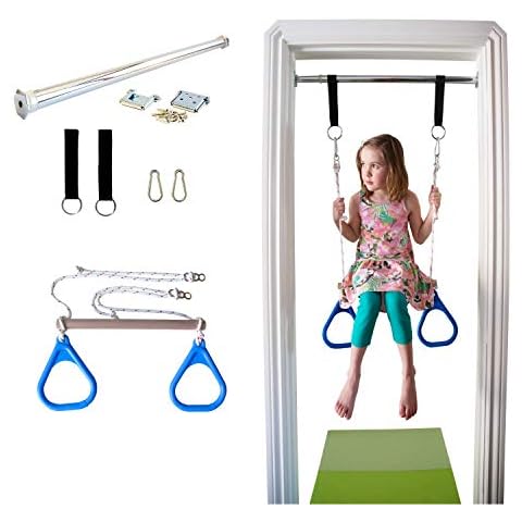 DreamGYM Doorway Swing for Kids Indoor - Trapeze Bar and Blue Gymnastic Rings Combo Cover