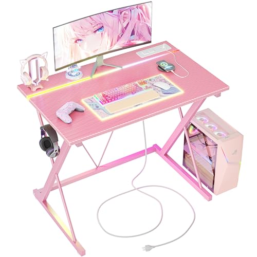 TIQLAB Gaming Desk with Power Outlets & LED 32 Inch Ergonomic Computer Carbon Fiber Surface Gamer Desk, PC Workstation with Headphone Hook for Bedroom, Kids Gift for Boys, Pink Desk