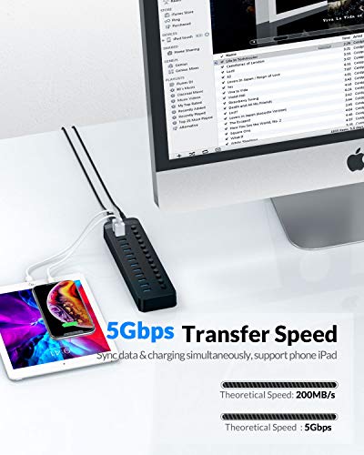 HUB USB 3.0 Attivo 13 Portes Alimentato 60W Alimentazione 12V / 5A con Alluminio Interruttore ON/OFF Individuale per Computer Desktop, PC, iMac, HDD Mobile, Unità Flash, Ricarica IiPad - Hub USB - Immagine 2