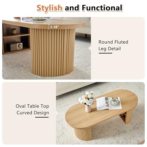 Image of Oval Fluted Coffee Table, 47 inch Farmhouse Wood Coffee Table Mid Century Modern Center Table Boho Living Room Tables for Living Room Office,Natural