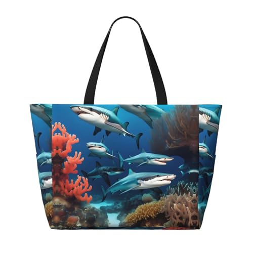 Submarine shark coral Large capacity beach bag with zipper, perfect for grocery bag pool gym travel shopping foldable beach travel bag,2