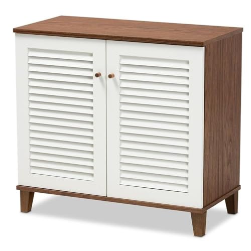 BOWERY HILL Modern 2 Doors Shoe Cabinet, 12 Pairs Shoe Rack Storage Organizer in White and Walnut Finish