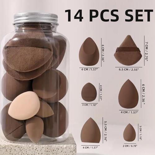 Image of Beauty Blender Sponge Set, 14PCS - Multi-Size Makeup Sponges for Foundation, Liquid, Powder - Triangle Puffs, Mini Beauty Blender, Thumb Powder Puff, Reusable & Wet or Dry Use- Multicolored