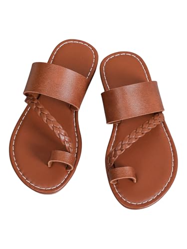 GORGLITTER Girl's Strappy Leather Flats Sandal Cute Braided Dressy Toe Ring Slip on Slide Sandals