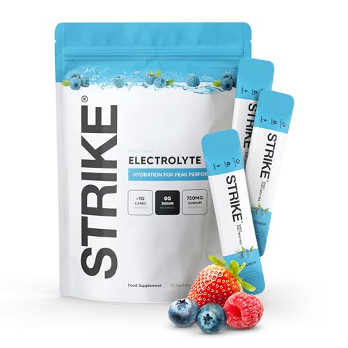 Strike Electrolytes | Zero Sugar Hydration Sachets with Sodium, Magnesium, Vitamin C & Trace Minerals | Vegan, Keto, Gluten-Free | Daily Electrolytes Powder (30 Sachets, Berry Fusion)