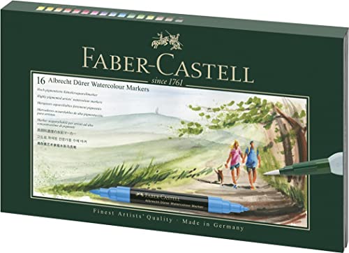 Preisvergleich Produktbild FABER-CASTELL 160318 Aquarellmarker Albrecht Dürer mit Doppelspitze für flächigen und präzisen Farbauftrag, inklusive Wassertankpinsel, 16er Etui, bunt