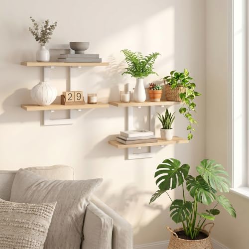 Image of HOOBRO 2-Tier Floating Shelves, 15 Inch Wall Shelf Set of 2 | Wall Mounted Storage Shelves, Hanging Bathroom Shelves, for Living Room, Bedroom, Bathroom, Kitchen, Natural and White