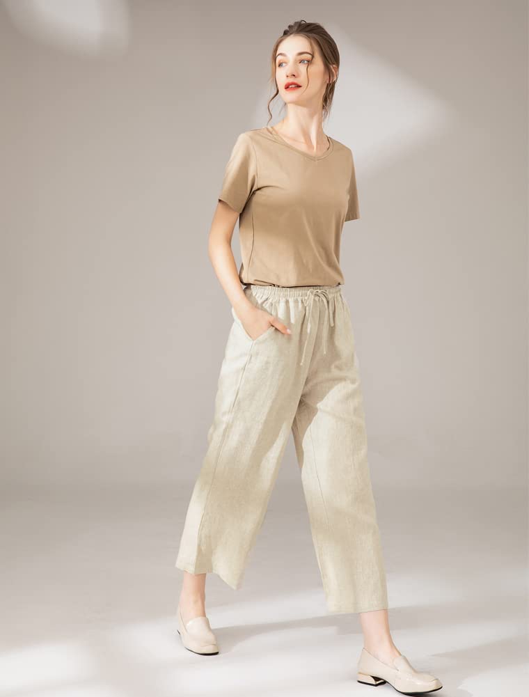 FTCayanz Donna Pantaloni Larghi Lino Vita Alta Pantaloni Gamba Larga Estivi con Coulisse