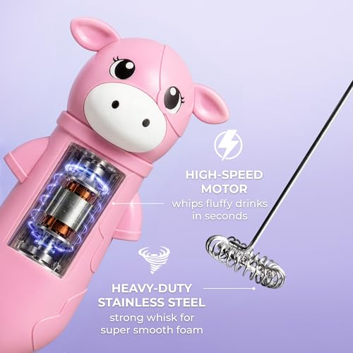 Image of Zulay Kitchen Cow Milk Frother Wand - Cutesy Frother, Meet Your New Frothing Buddy Bubblegum The Cow, Adoption Papers and Stickers Included, Purrr-fect for Lattes, Cappuccino & Matcha - Pink