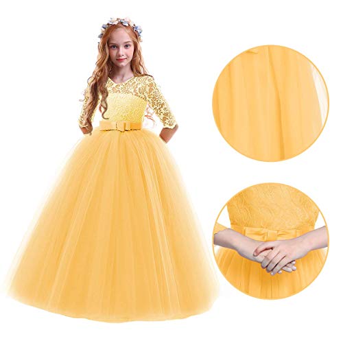 Flower Girl Lace Bridesmaid Dress 3/4 Sleeves Pageant Ball Gowns Princess Puffy Tulle Wedding Party Dresses3