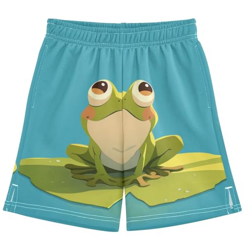 Boys Casual Shorts, Athletic Gym Shorts Elastic Waist with Pockets Green Cartoon Frog Summer Sports Homewear 7-15Y