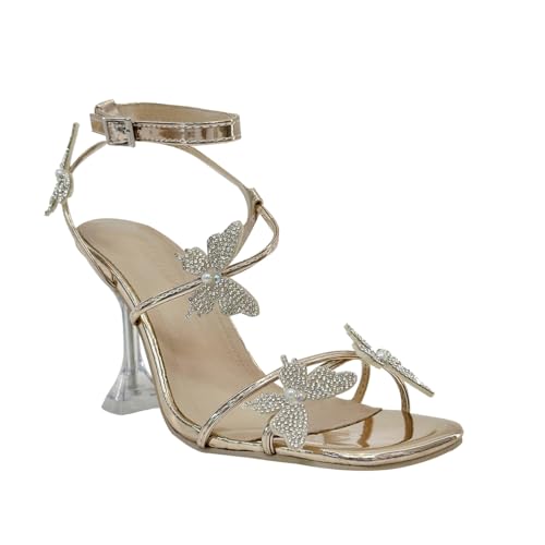 Women's Ankle Strap Sandals Rhinestone Crystal Butterfly Heels Open Square Toe Chunky Block High Heels Shoes