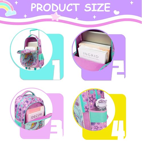 Rolling Backpack for Girls Rolling Backpack for Kids Backpacks with Wheels Travel Luggage for Airplane Roller Backpacks for Girls Mermaid Bookbag4