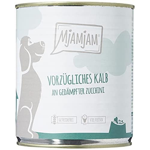MjAMjAM – nourriture humide premium pour chiens – excellent veau aux courgettes vapeur, pack de 6 (6 x 800 g), sans céréales avec supplément de viande