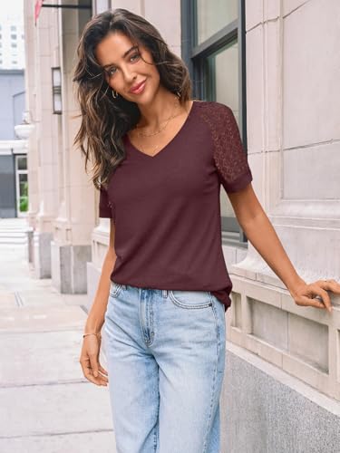 AUTOMET Womens Summer Short Sleeve T Shirt 2025 V Neck Tops Spring Vacation Lace Blouses Dressy Casual Fashion Clothes3