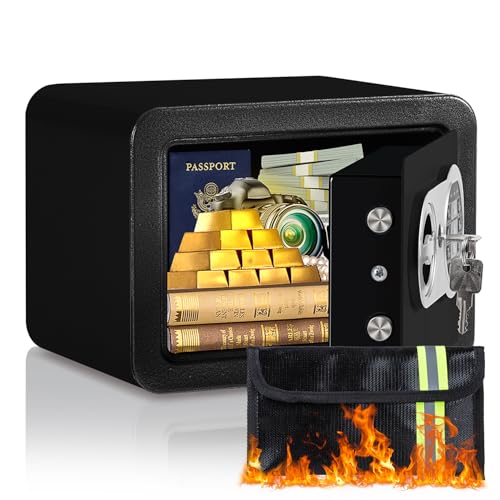 0.23 Cubic Feet Safe Box, Small Safe W/Fireproof Bag, Keys & Pass Code, Digital Electronic Security Money Box for Cash, Document, Home, Office, Hotel Use, Black, 6.69D x 9.06W x 6.69H