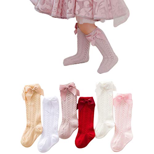 Image of Merqwadd 4-Pack Baby Girls Knee High Socks Infants Toddlers Bow Knit Socks Cotton Tube Ruffled Stockings