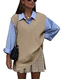 Cowasto Women's Oversized V Neck Knit Sweater Vest Tunic Sleeveless Side Slipt Pullover Top A-Khaki