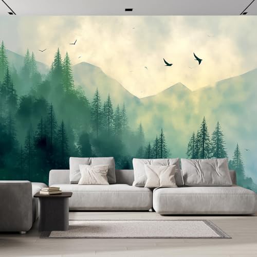 Panoramique Papier peint soie 250×175 cm Mural， Brouillard De Forêt Verte Oiseau Montagnes Tapisserie Photo Peinture Murale Décoration Convient pour la décoration du salon et de la chambre