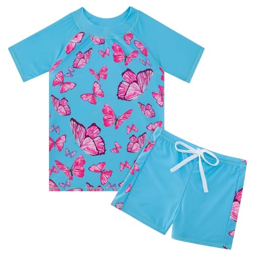 AIDEAONE Big Girls 2-Piece Rash Guard Set Fashion Bathing Suit UPF 50+ Blue Swimsuit for 7-8 Years