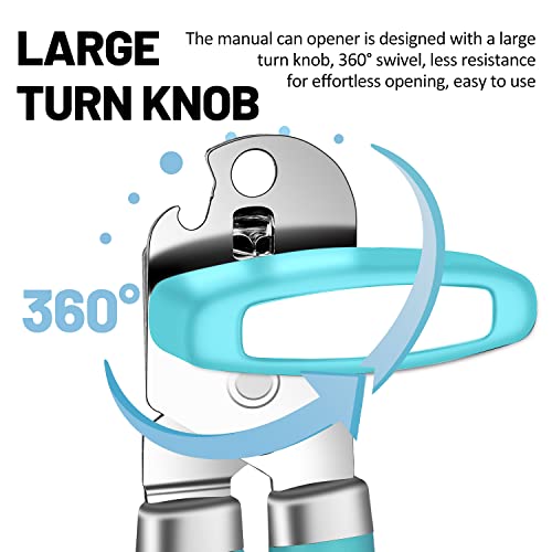 Tymoosty Can Opener Manual, Can Opener Strong Heavy Duty, Smooth Edge Cut, Oversized Knob, Soft Grip Handle, Built-In Bottle Opener, Turquoise #TOP2