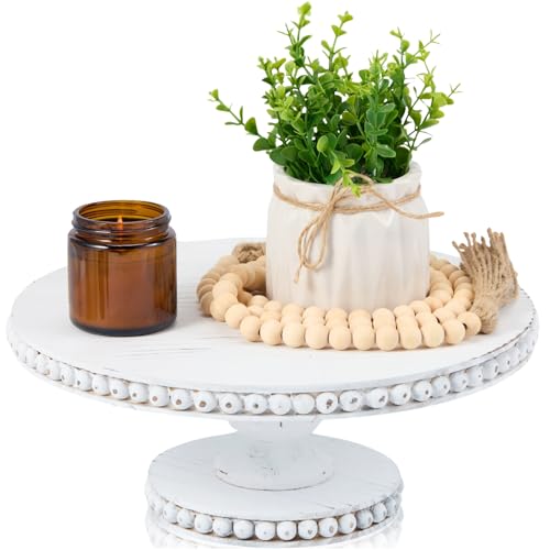 THORNIA 12 Inch Round Wood Cake Stand - Handcrafted Vintage Style Pedestal for Wedding, Rustic Centerpiece, Versatile Kitchen and Dining Room Decor - Distressed White