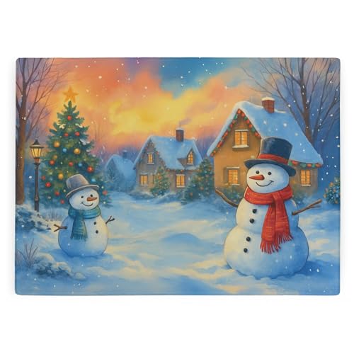 Image of Winter Snowmen Glass Worktop Protector - Large Smooth Kitchen Chopping/Cutting Board Christmas Décor Gift - 39cm x 28.5cm