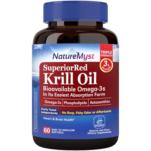 NatureMyst Krill Oil 1000 mg Softgels, Krill Oil Omega-3s, EPA, DHA, Astaxanthin & Phospholipids, 60 Count (Pack of 1), Non-GMO, No Gluten, Made in The USA