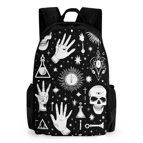 Supdreamc Men Women Polyester Halloween Goth Gothic Raven Crow Skull Sun Moon Tattoos Daypack Backpack Large Capacity Carry On Bag With Smooth Zippers for Hiking Picnic Walking Cycling