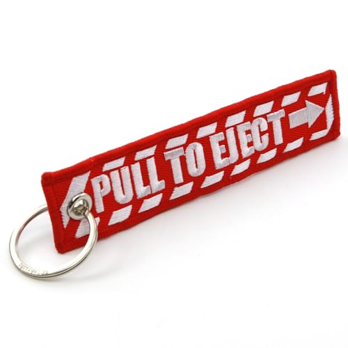 Image of PULL TO EJECT Key Chain - Red with White embroidered letters - Quantity = 1