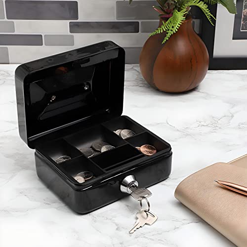 Retoo Geldkassette Abschließbar 15 x 12 x 8cm mit Münzgeldeinsatz & 2 Schlüssel aus pulverbeschichtetem Stahl, Feuerschutzkassette mit versenkbarer Griff & Sicherheits-Zylinderschloss (Schwarz)