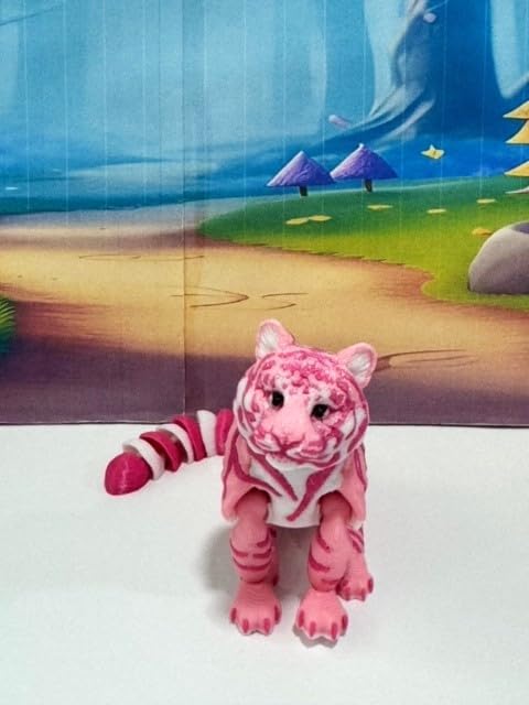 3D Printed Tiger, Animal Creature Flexible Tiger Toys, 6.5 Inches Articulated Fidget Animal for Home Office Executive Desk Decoration AT001-PINK