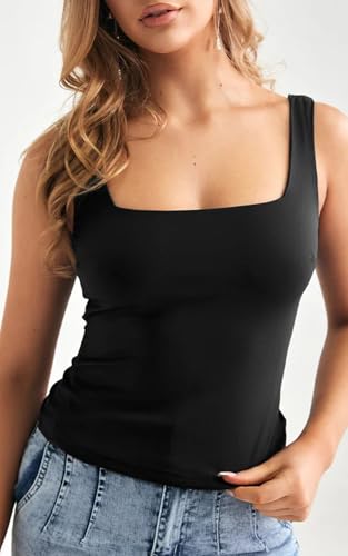 Image of Women's Stretchable Cotton Tank Top, Square Neck, Sleeveless, Slim Fit, Standard Length