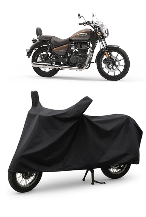 Image of DAXO Waterproof Bike Cover for Royal Enfield Meteor 350 | All Weather Protection from Rain, Dust, Heat & Scratches with Mirror Pockets & Buckle Belt | Meteor 350 Bike Cover | Black