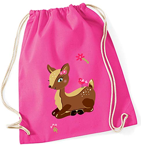 Sac en tissu pour fille | Motif cerf et oiseau avec fleurs | Sac à cordon pour maternelle & crèche | Sac de gym avec cordon en rose et gris, rose bonbon (Rose) - 443 Cover