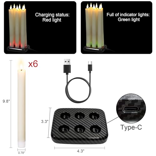 Image of GenSwin Rechargeable Flameless Taper Candles with Charging Base, 6 Pack LED Candles Battery Operated with Remote Timer, Real Wax Flameless Candlesticks for Halloween Christmas Decorations(Ivory)